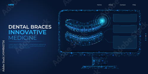 Digital 3d low poly model of dental braces. Wireframe concept of human bite alignment. Abstract background vector illustration.