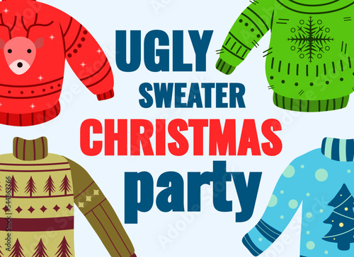 Christmas card with ugly sweater party theme. Vector illustration of a poster or cover for a party, greeting and invitation to celebrate the holiday and happy new year