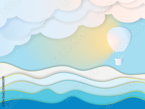 balloon flying over water - vector illustration in paper cut-out style, eps