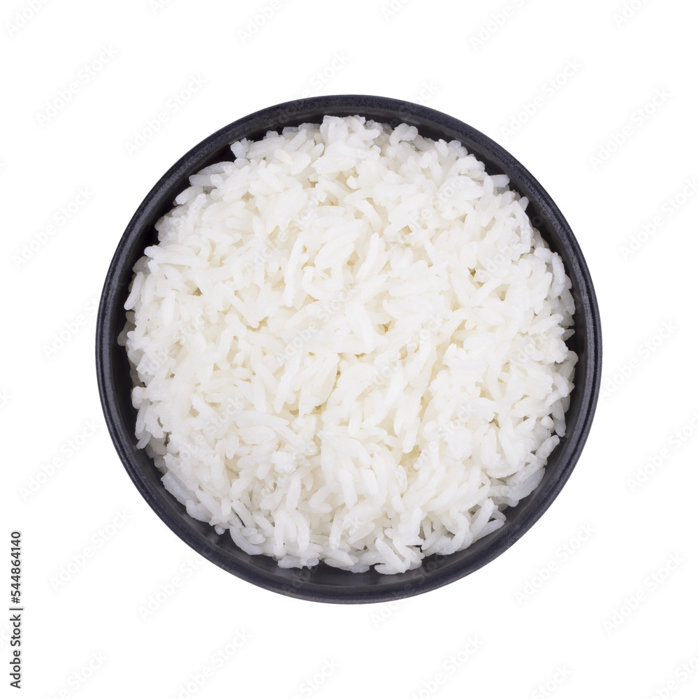 Rice in black bowl isolatedon transparent background. (.PNG). Top view Rice in black bowl isolatedon transparent background. (.PNG). Top view