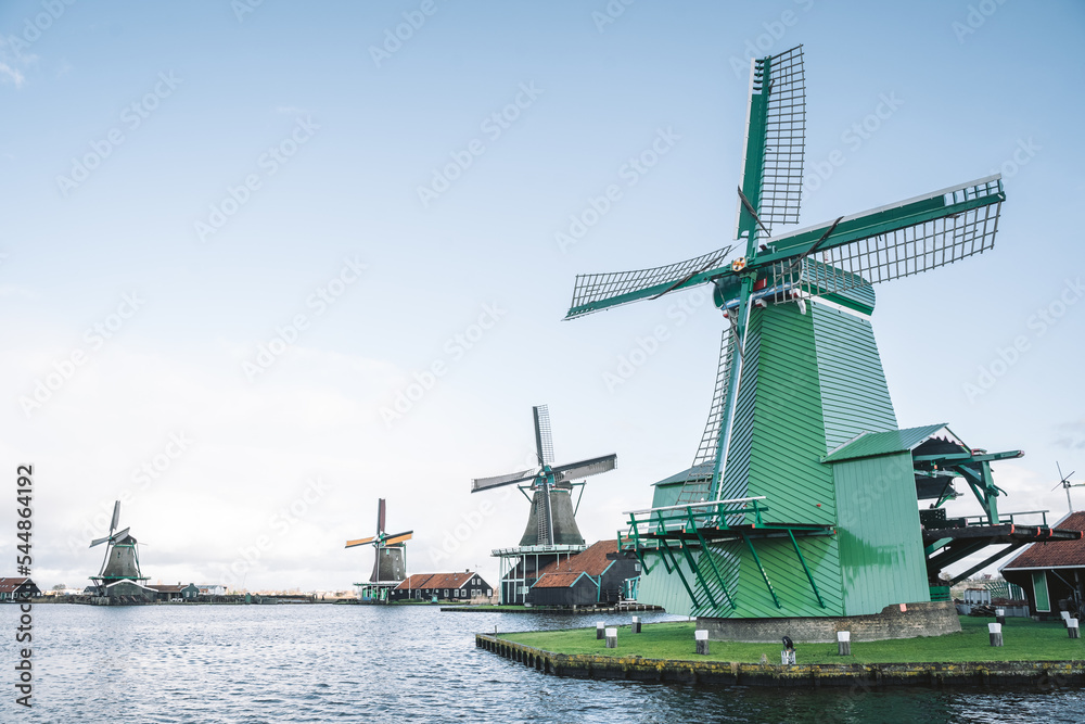 Windmills and Houses of Zaanse Schans in The Netherlands Amsterdam Sunset 