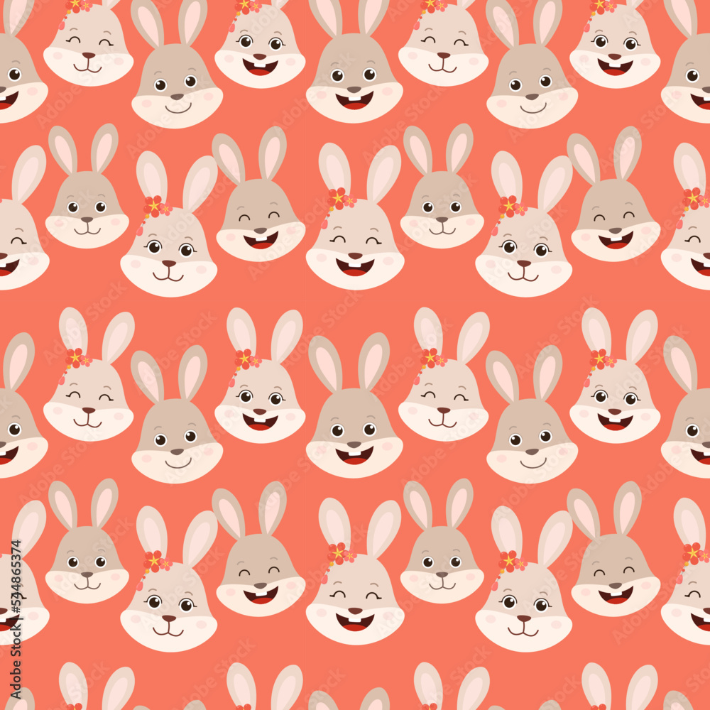 New Year 2023. Pattern with smiling rabbit. Colorful vector illustration for holiday cards, wrapping paper, print, textile.