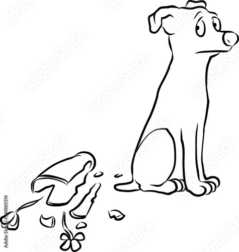 Hund sitzt schuldbewusst und voller Scham neben einer kaputten Blumenvase