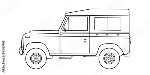 Off-road travel suv car side view. Vector outline doodle illustration