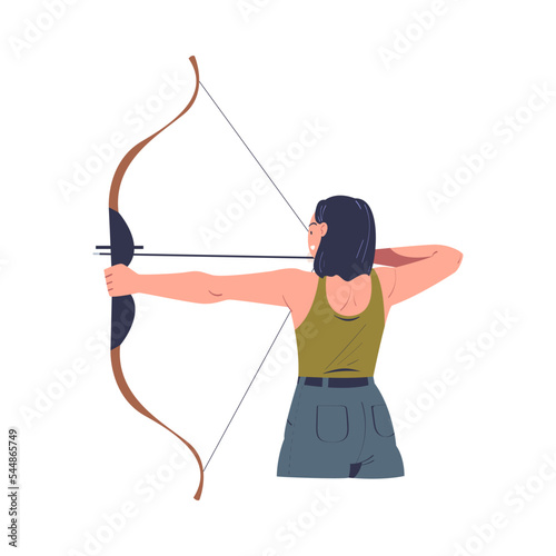 Young woman aiming at target with bow, view from behind. Archer practicing shooting cartoon vector illustration