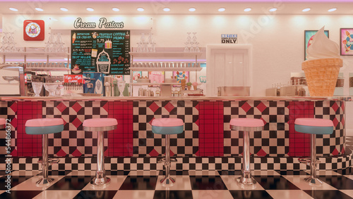 Vintage American ice cream parlour with black and white checked floor and pink stools at the bar. 3D rendering. photo