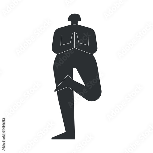 Vector isolated illustration with flat black silhouette of female person doing finess. Athletic woman learns yoga posture Ardha Padmasana Vrksasana. Sportive exercise - Half Lotus Tree Pose