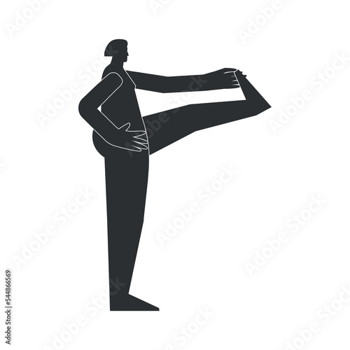 Vector isolated illustration with black silhouette of female person doing finess. Athletic woman learns yoga posture Utthita Hasta Padangustasana. Sportive exercise - Extended Hand To Big Toe Pose photo