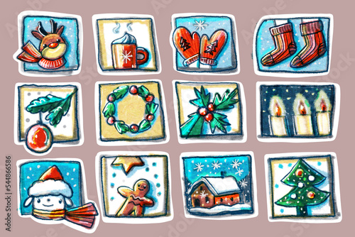Stickers for winter holidays. Digital illustration.