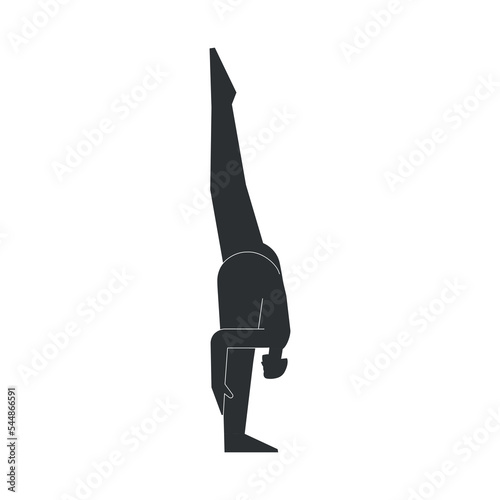 Vector isolated illustration with flat black silhouette of female person doing finess. Athletic woman learns yoga posture Supta Trivikramasana. Sportive exercise - reclining standing split