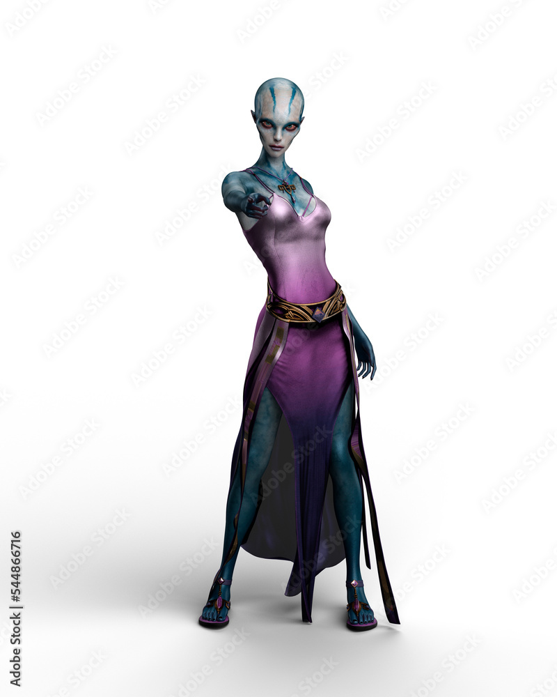 3D rendering of a beautiful fantasy alien female with blue skin and ...