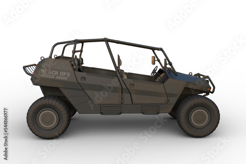 3D rendering of a black ops military all terrain vehicle seen from the side isolated on a transparent background.