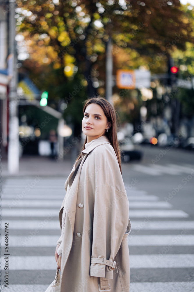 Fototapeta premium Young woman walks on street against background of crosswalk and traffic light.