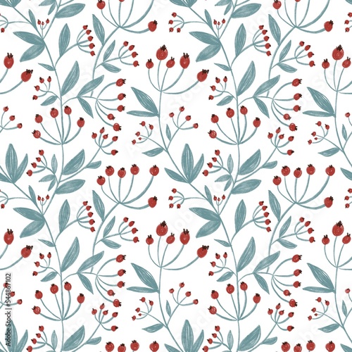 Chalky redberries with leaves on white background seamless pattern.