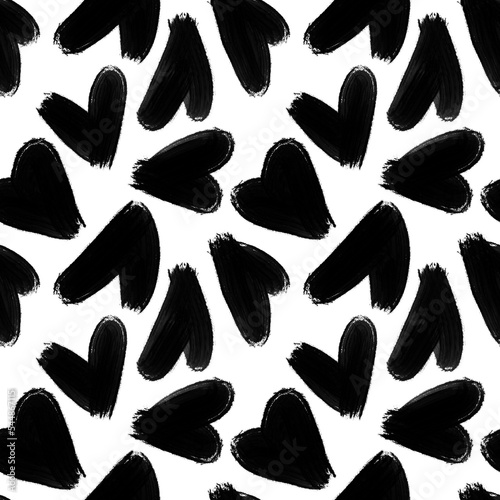 Black hearts on white background seamless pattern.