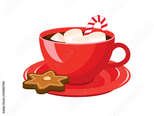 Hot cocoa drink with marshmallows icon vector. Mug of hot chocolate with gingerbread and candy cane vector. Sweet winter drink icon isolated on a white background. Christmas beverage drawing