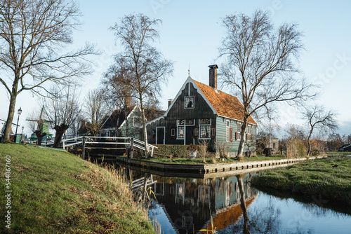 Windmills and Houses of Zaanse Schans in The Netherlands Amsterdam Sunset 