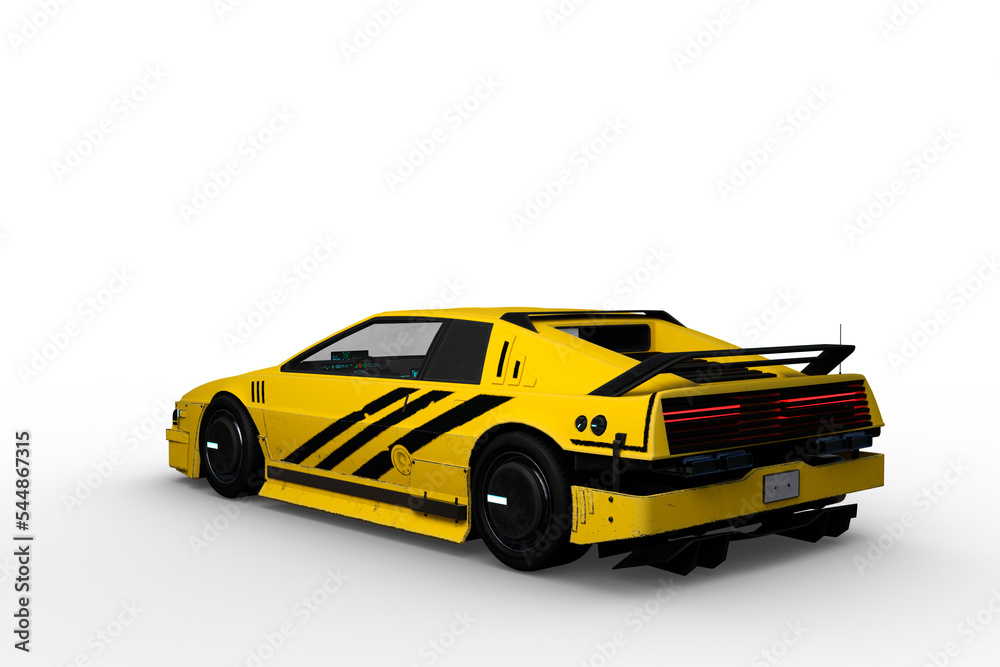 Rear perspective 3D rendering of a yellow and black cyberpunk style futuristic car isolated on a transparent background.