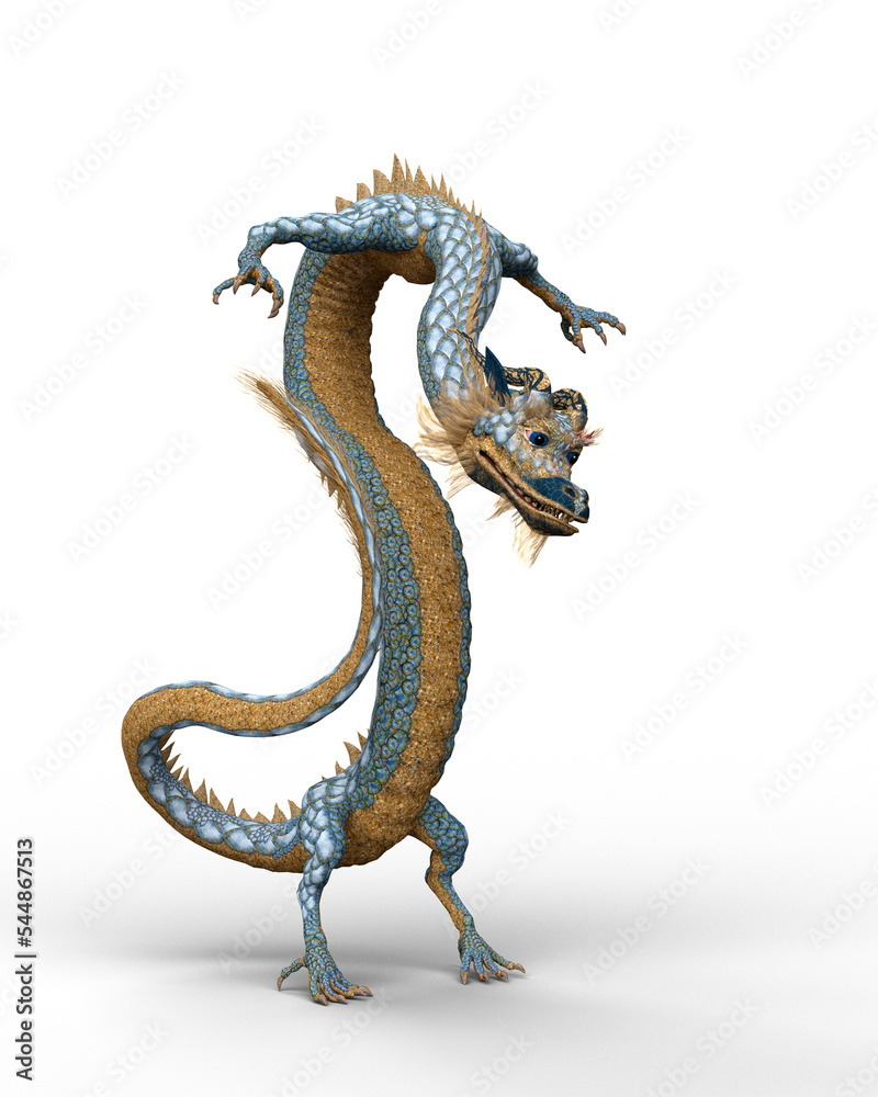 Obraz premium 3D rendering of a Chinese dragon standing tall on hind legs isolated on a transparent background.