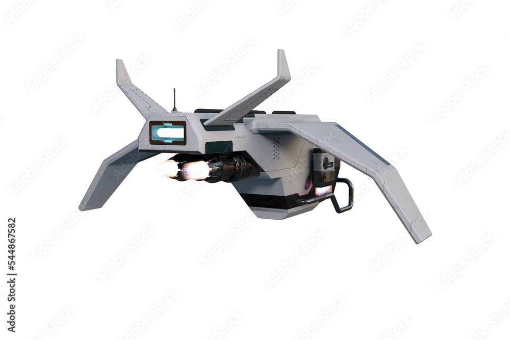 Rear perspective view 3D rendering of a futuristic science fiction drone in flight isolated on a transparent background. Rear perspective view 3D rendering of a futuristic science fiction drone in flight isolated on a transparent background.