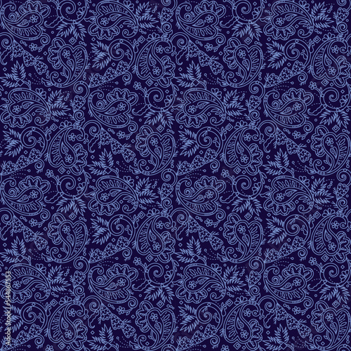 Seamless (you see 4 tiles) paisley or damask dark blue background 