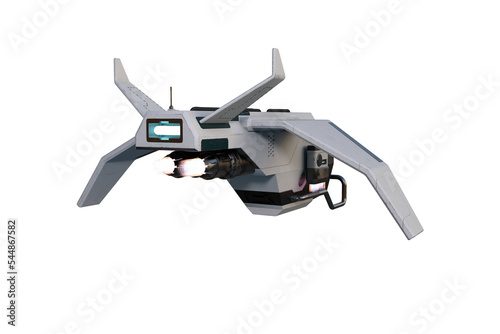Rear perspective view 3D rendering of a futuristic science fiction drone in flight isolated on a transparent background.