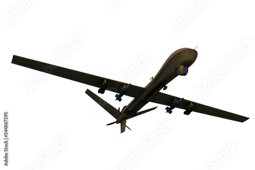 3D rendering of a green military drone aircraft in flight viewed