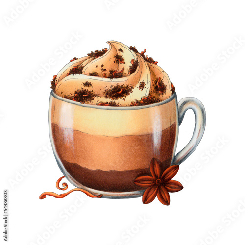 cup of coffee with chocolate cinnamone cappuccino latte sweet art illustration transparent  background png photo