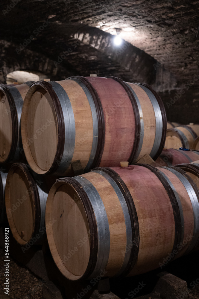 Stages of wine production from fermentation to bottling, visit to wine cellars in Burgundy, France. Aging in wooden barrels.