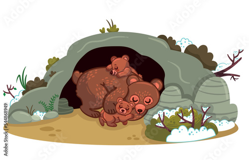 Vector illustration of bear family hibernating in their cave. photo