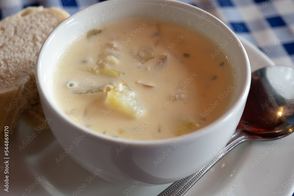 Traditional scottish white cream soup, cullen skink made with smoked paddock fish, Scotland Traditional scottish white cream soup, cullen skink made with smoked paddock fish, Scotland