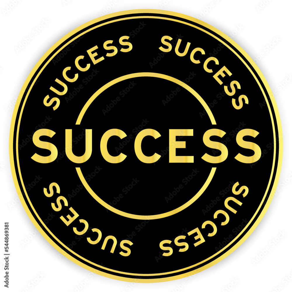 Black and gold color round label sticker with word success on white background
