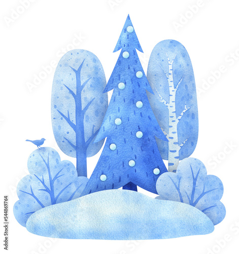 Watercolor winter landscape for background. Illustrations of Christmas nature. Blue snow-covered island with trees, shrubs, snow drifts. Isolated hand-painted image of a piece of forest land