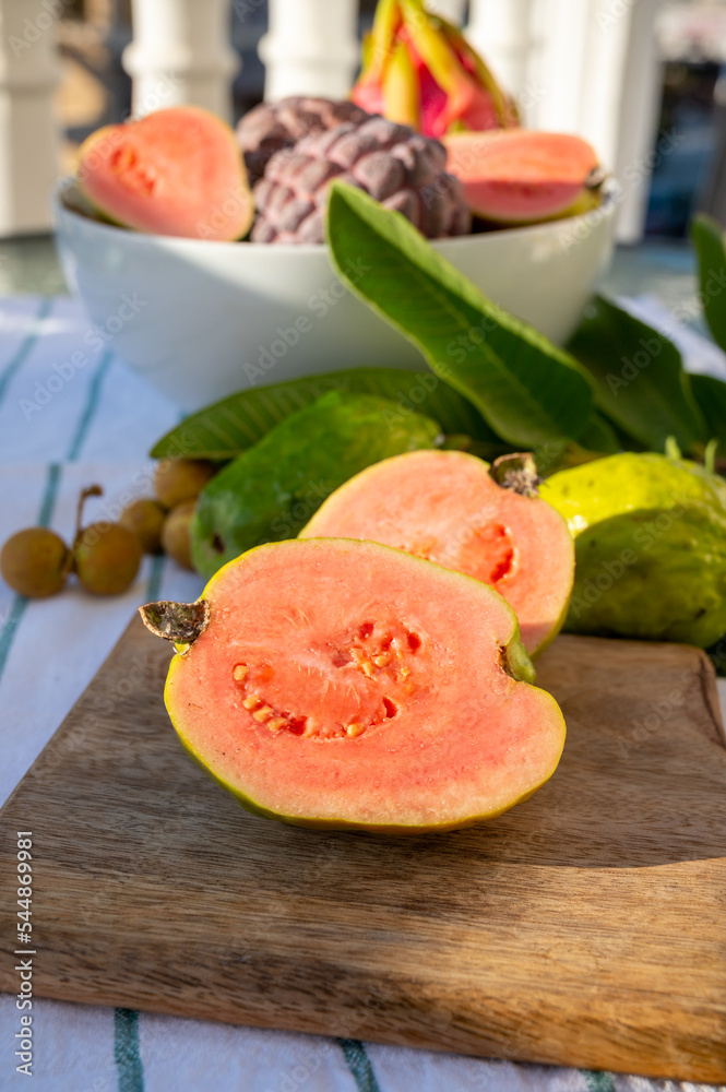 Tasty tropical exotic fruits, ripe fresh pink guava Tasty tropical exotic fruits, ripe fresh pink guava