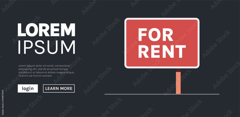 Real estate rent sign urban house and modern house exterior facade sign with rent word flat illustration.	
