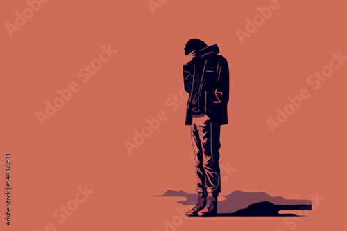 Sad depressed man. Vector illustration. Male depression. Tired adult. Negative unhappy emotions. Young worker despairing. Isolated lonely man. Feeling of failure. Sick headache. Frustration vector art