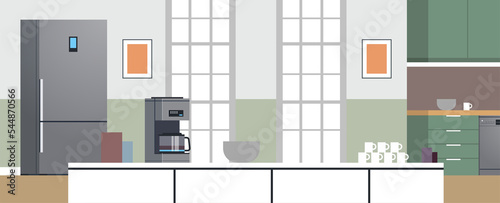 Modern kitchen interior no people and home appliances concept flat design illustration. 