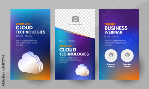 Business webinar banner template for social media story banner. Background and cloud technologies concept 3d illustration for social media banner post design in vector. 