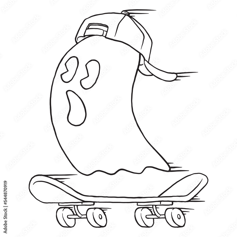coloring illustration of cartoon skater ghost mascot Stock Vector ...