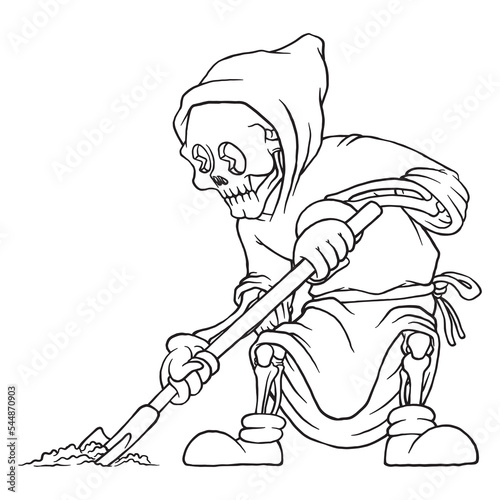 coloring illustration of cartoon digging skull mascot