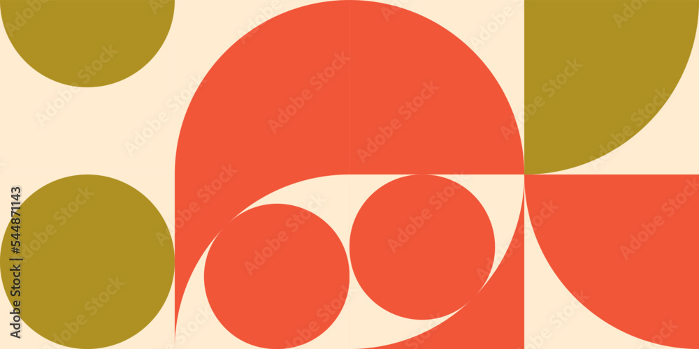 Modern vector abstract geometric background with circles, rectangles and squares in retro Scandinavian style. Pastel colored simple shapes graphic pattern.