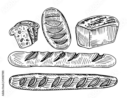 Fresh baked bread set. French baguette, loaf buns, bun with paper package. Top view. Hand drawn sketch style illustrations for bakery shop and package.