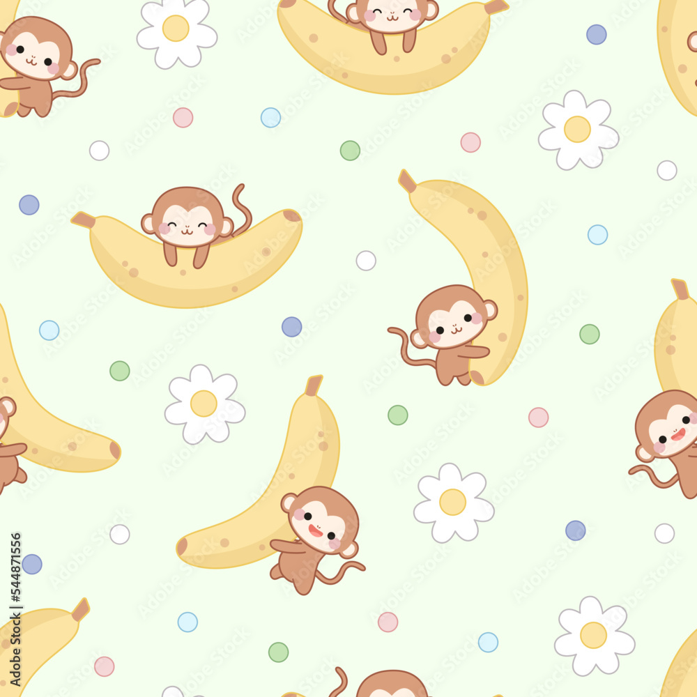 Seamless pattern of monkeys with bananas, flowers and colorful dots on a green background.