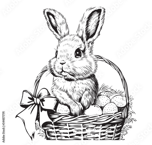 Easter bunny sitting in a basket with eggs hand drawn sketch.Doodle style.Vector illustration.