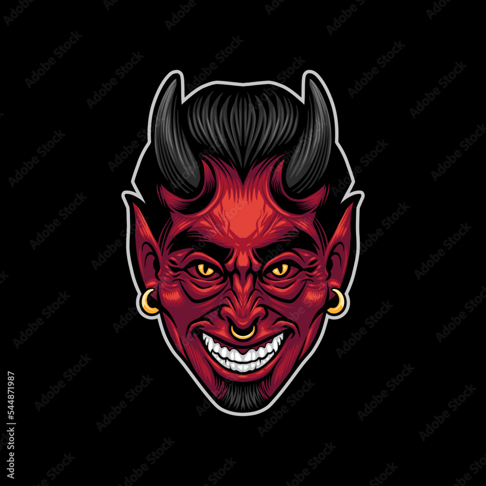 illustration of red devil head smiling, look evil and angry