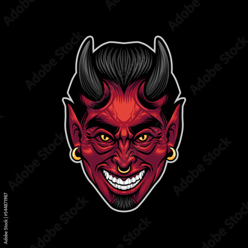 illustration of red devil head smiling  look evil and angry