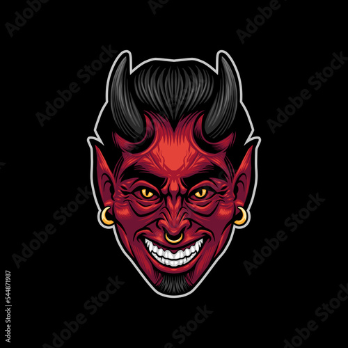 illustration of red devil head smiling, look evil and angry