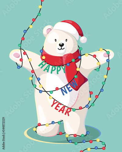 Happy New Year and Merry Christmas. Christmas white bear with New Year. Illustration with
christmas lights. Christmas card. Vector.