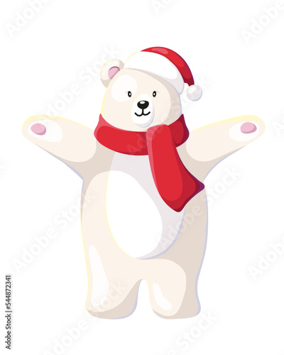 Happy New Year and Merry Christmas. Christmas white bear with New Year. Illustration with
christmas lights. Christmas card. Vector.