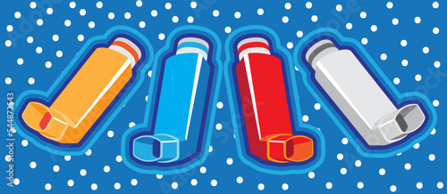 Set of asthma inhalers in different colors with a dotted background. Asthma and allergies concept